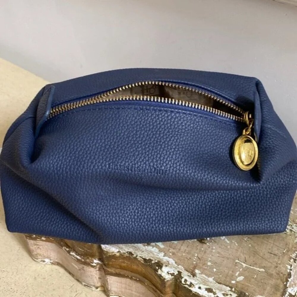Christian Dior Vintage Navy Leather Cosmetic Makeup Bag Gold CD Zipper Pouch